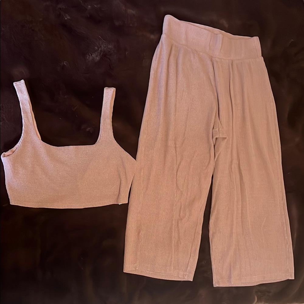 Pink Ribbed Crop Top and Pants Set